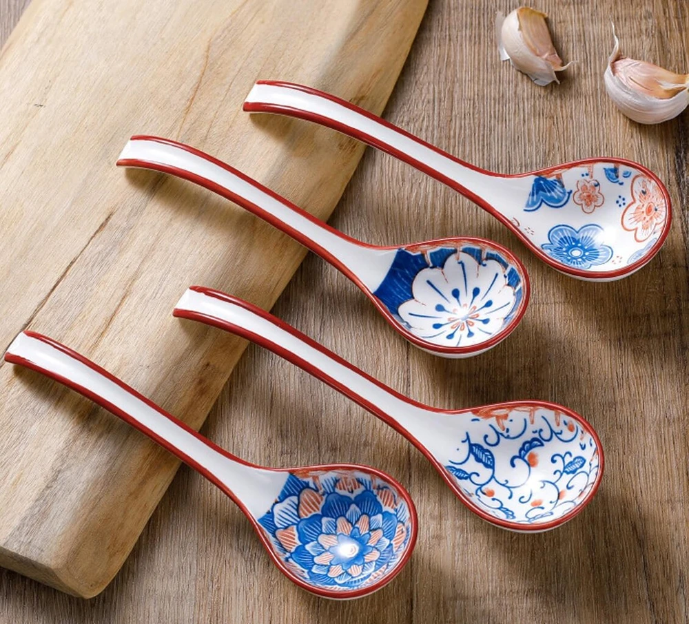 4Living 4 sriubinių šaukštų rinkinys, azijietiški keraminiai kiniški japoniški sriubos šaukštai ramen šaukštas sriubai koldūnams pho wonton miso