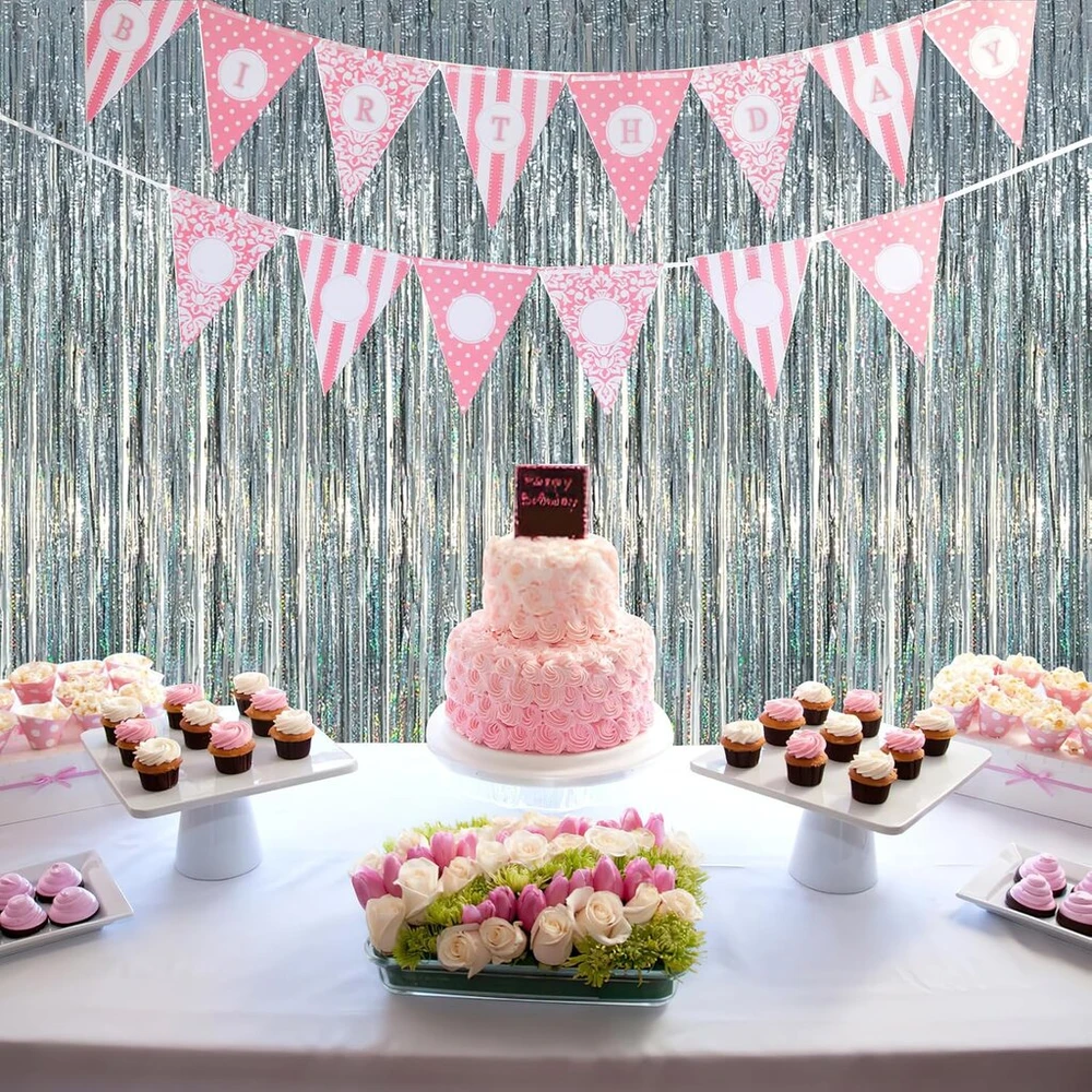 4Party 4 vnt. sidabrinės blizgučių užuolaidos vakarėliui, 1m x 2m