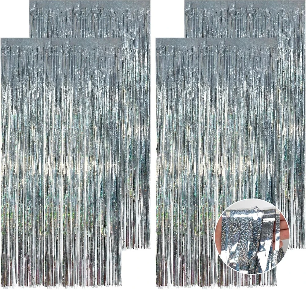 4Party 4 vnt. sidabrinės blizgučių užuolaidos vakarėliui, 1m x 2m