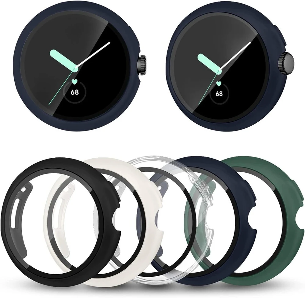 5 dėklų rinkinys, suderinamas su Google Pixel Watch 3/2/1 (41 mm) - ekrano apsauga, dėklas, apsauginis stiklas + kietas pc dėklo dangtelis