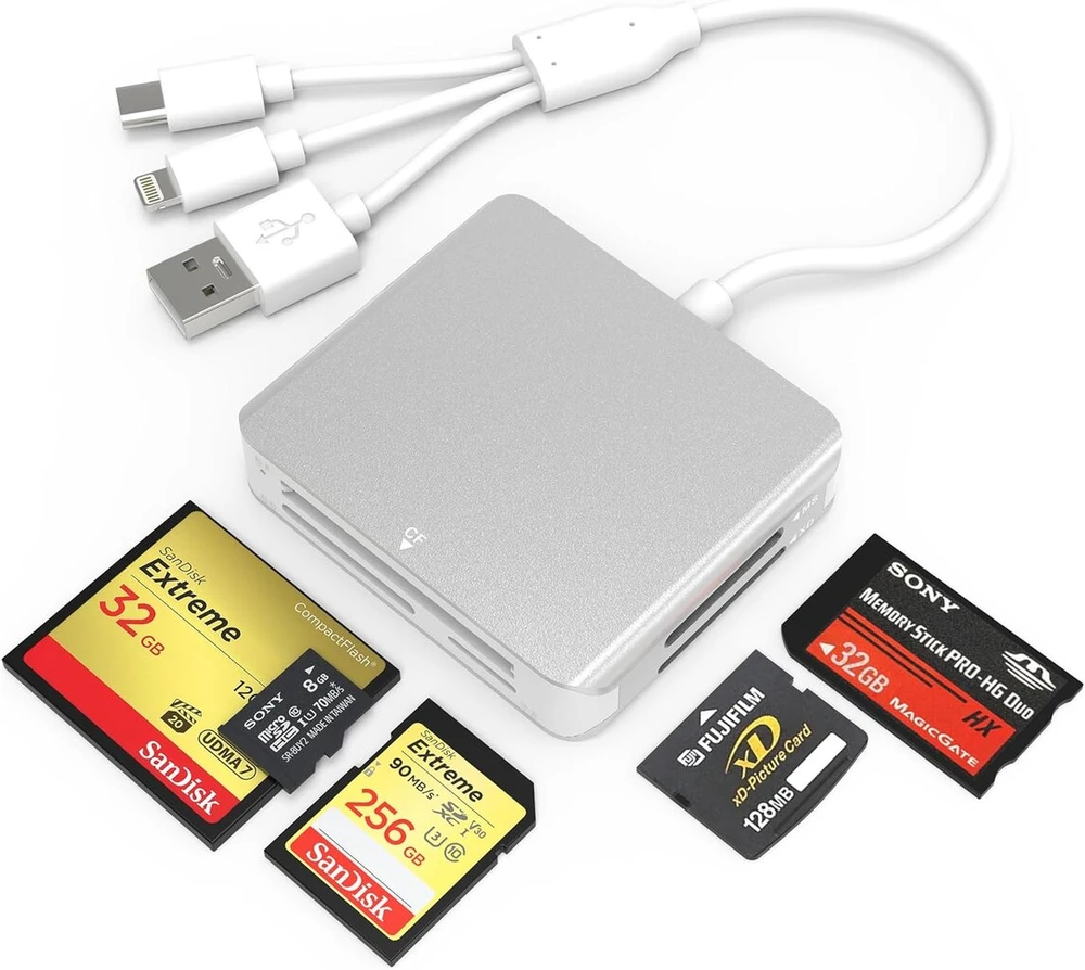 Atminties kortelė 5-in-1 kortelių skaitytuvas, sd/tf/ms/cf/xd kortelių skaitytuvas, skirtas iphone/ipad/pc, lightning + usb a + usb c atminties stick pro duo adapteris, aliuminio atminties kortelių skaitytuvas usb c lightning otg adapteris, plug and play