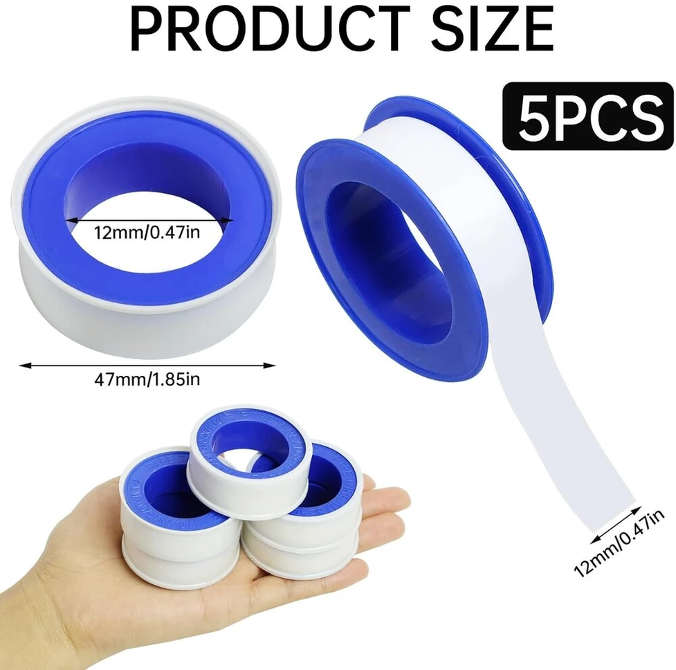 5 ritinėliai tefloninės juostos, 10 m x 15 mm ilgio, ptfe sriegių sandarinimo juosta, tefloninė juosta santechnikos jungtims baseinui, virtuvei, pramonei, balta
