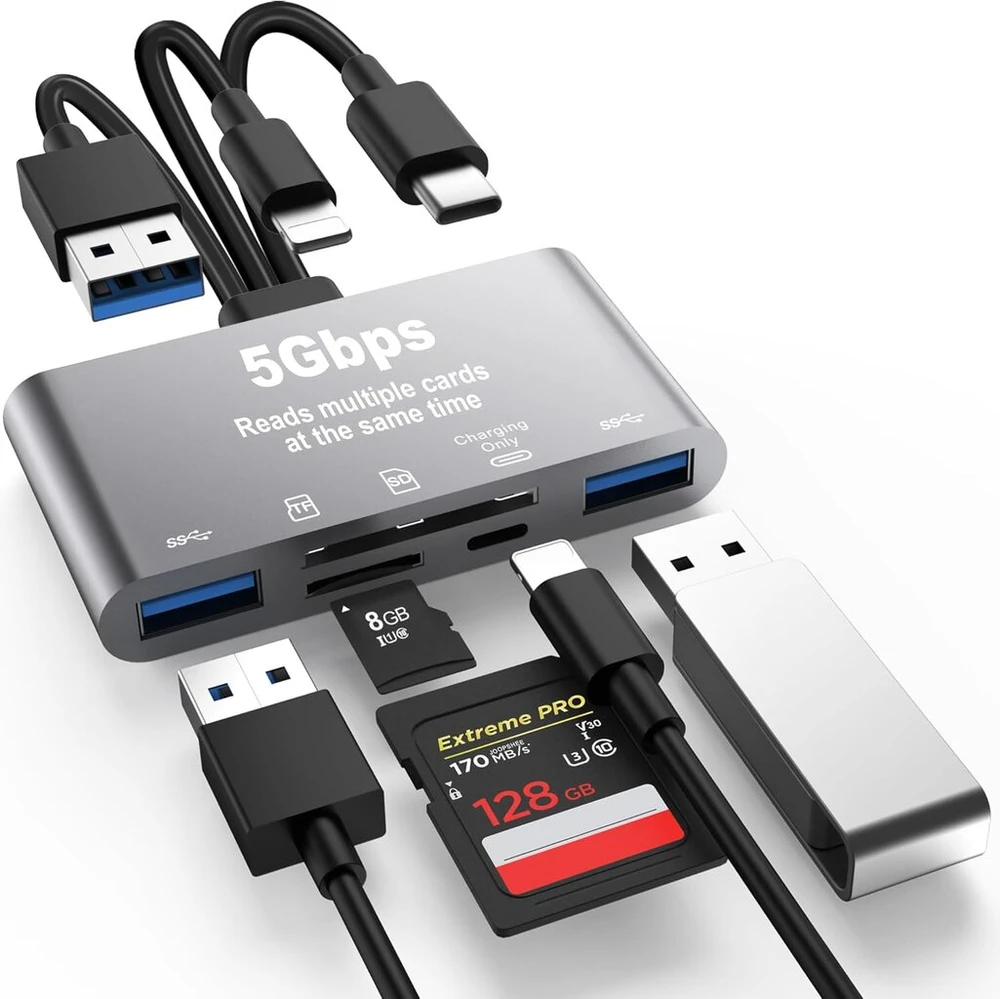 5 viename Sd kortelių skaitytuvas, didelės spartos Usb 3.0 adapteris telefonams/planšetiniams kompiuteriams su Usb C ir Usb A įrenginiais su micro Sd ir Sd kortelių lizdais, palaiko Sd/micro Sd/sdhc/sdxc/mmc
