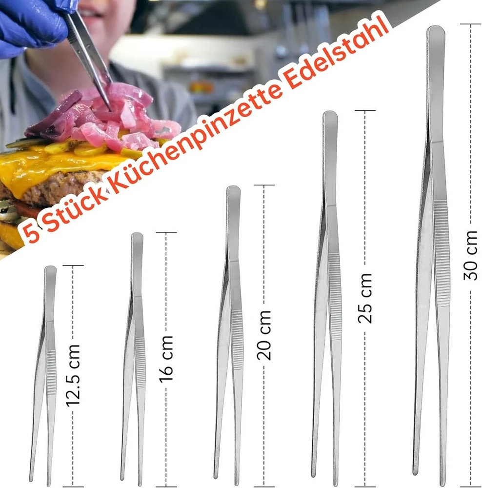 5 vnt. nerūdijančio plieno virtuvinių pincetų rinkinys, 12,5 cm, 16 cm, 20 cm, 25 cm, 30 cm, maisto gaminimo pincetai virtuvei, ilgi pincetai kepimui ant grotelių, maisto ruošimui, mėsos žnyplės ir kepsninės žnyplės, profesionaliam maisto gaminimui