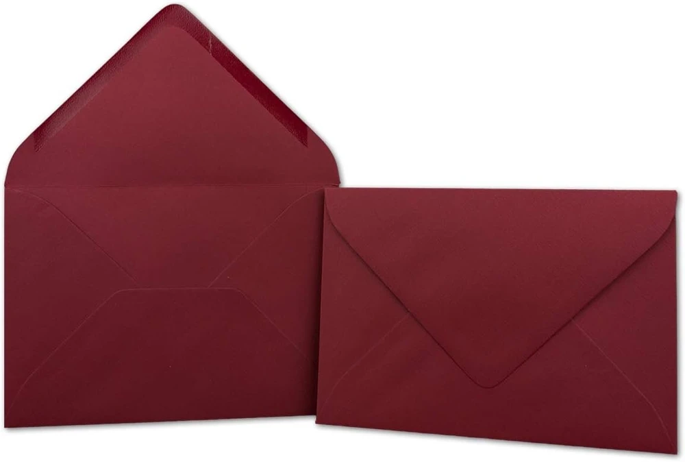 50 Din B6 vokų, tamsiai raudoni su rievėta struktūra, 12,5 x 17,5 cm, 100 g/m², drėgnas klijavimas Kalėdų atvirukams, sveikinimo atvirukams, kvietimams