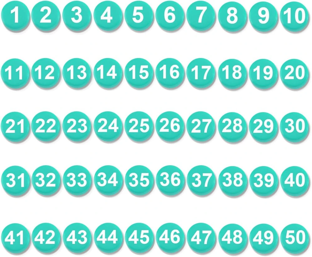 50 magnetinių skaičių rinkinys 1-50, magnetai su skaičiais, apvalūs skaičiai, magnetukai šaldytuvui, skirti lentoms, skirtoms rašymui sausuoju būdu, namams, klasei, biurui, šaldytuvui (2 cm skersmens, žali)