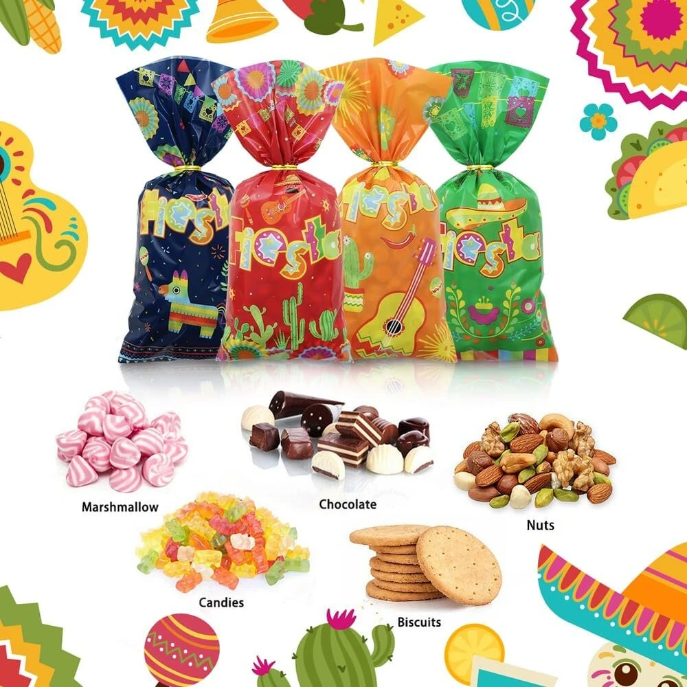 50 vnt. meksikietiškos fiesta vakarėlio dovanų maišeliai celofaniniai cinco de mayo vakarėlio reikmenys saldainiams sausainiams užkandžiams kaktusas taco papel picado plastikinis dovanų maišelis
