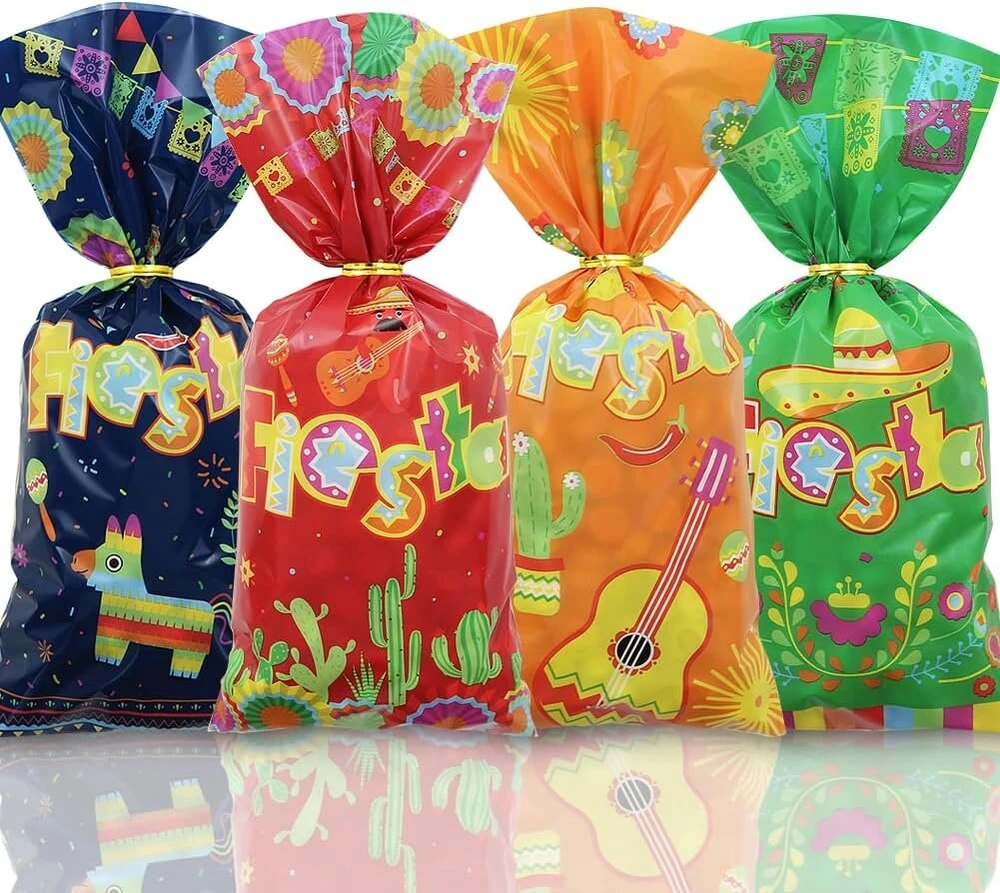 50 vnt. meksikietiškos fiesta vakarėlio dovanų maišeliai celofaniniai cinco de mayo vakarėlio reikmenys saldainiams sausainiams užkandžiams kaktusas taco papel picado plastikinis dovanų maišelis