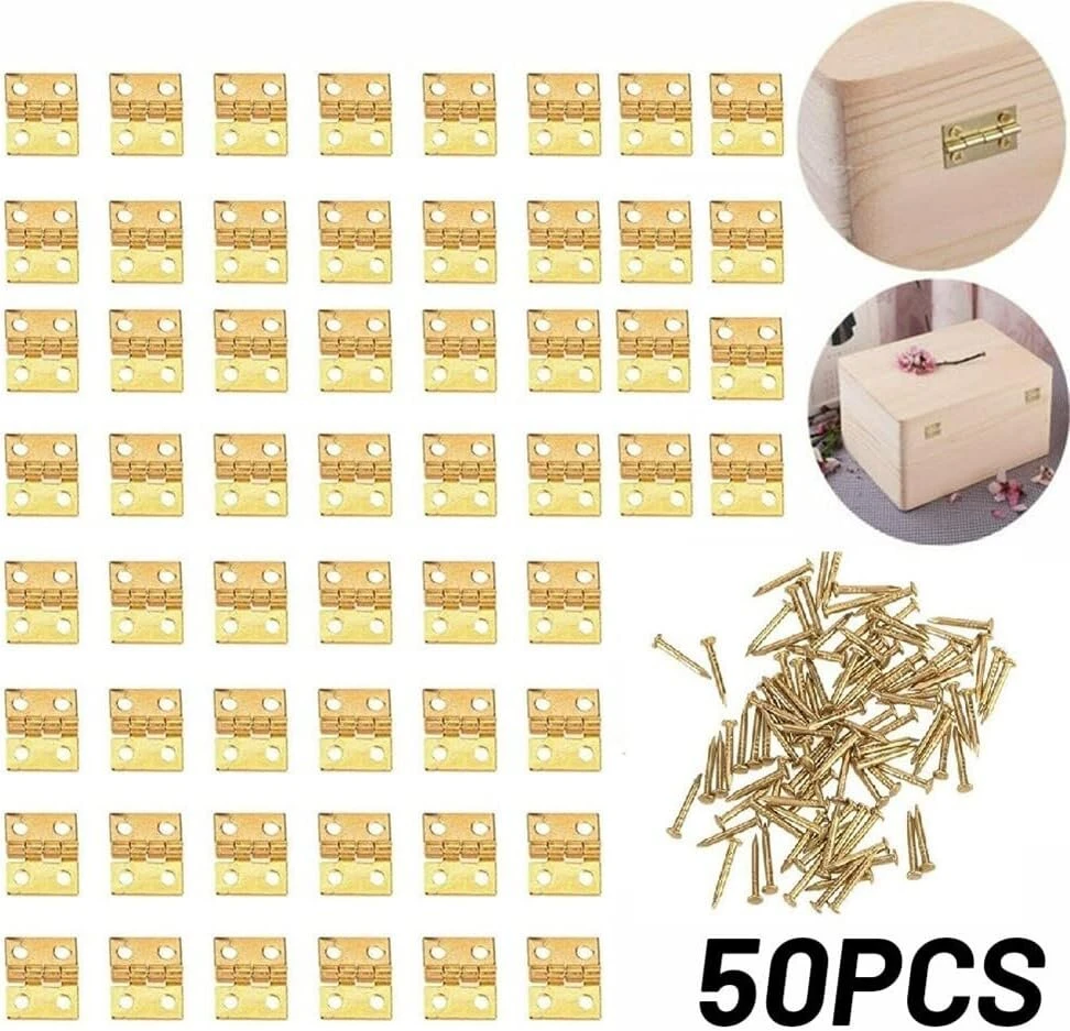 50 vnt. mini žalvariniai vyriai baldų apkaustai dekoratyviniai maži durų vyriai papuošalų dėžutei su vyrių vinimis auksiniai 8x10mm