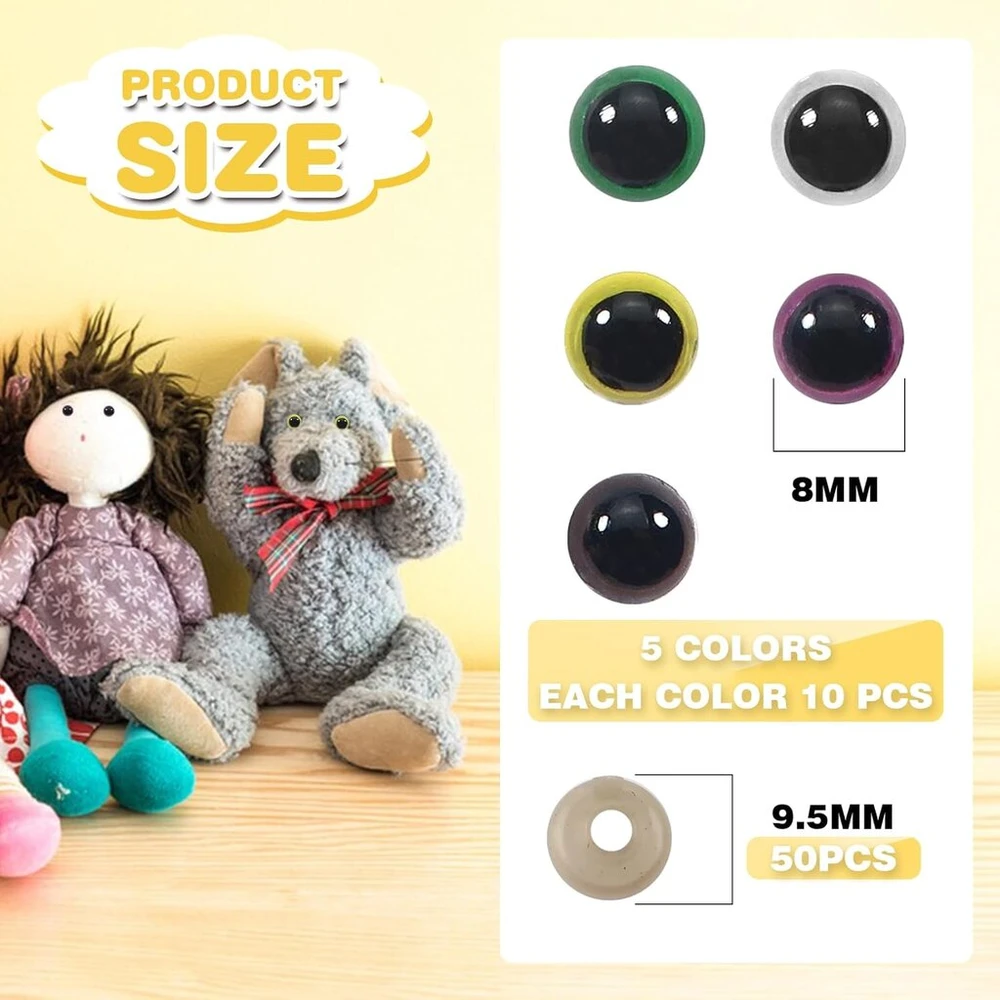 50 vnt. plastikinės akys amigurumi lėlėms, 8 mm, 5 spalvos