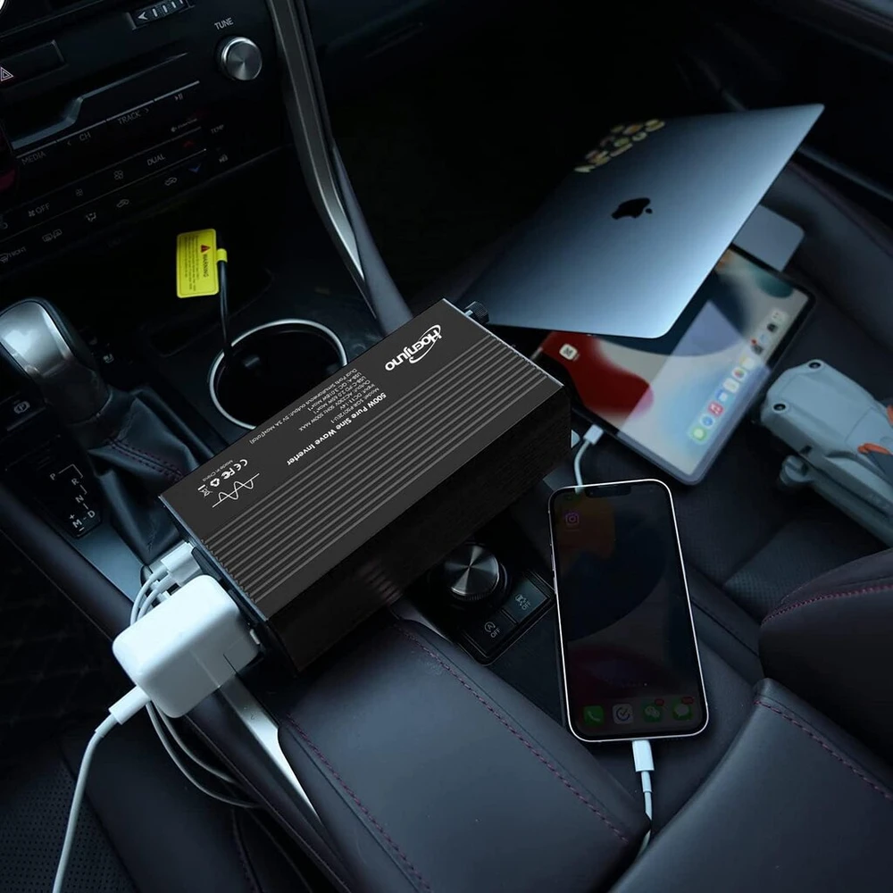 500 W inverteris 12 V į 230 V grynos sinusinės bangos įtampos keitiklis su Pd 65 W ir Qc 3.0 Usb prievadais