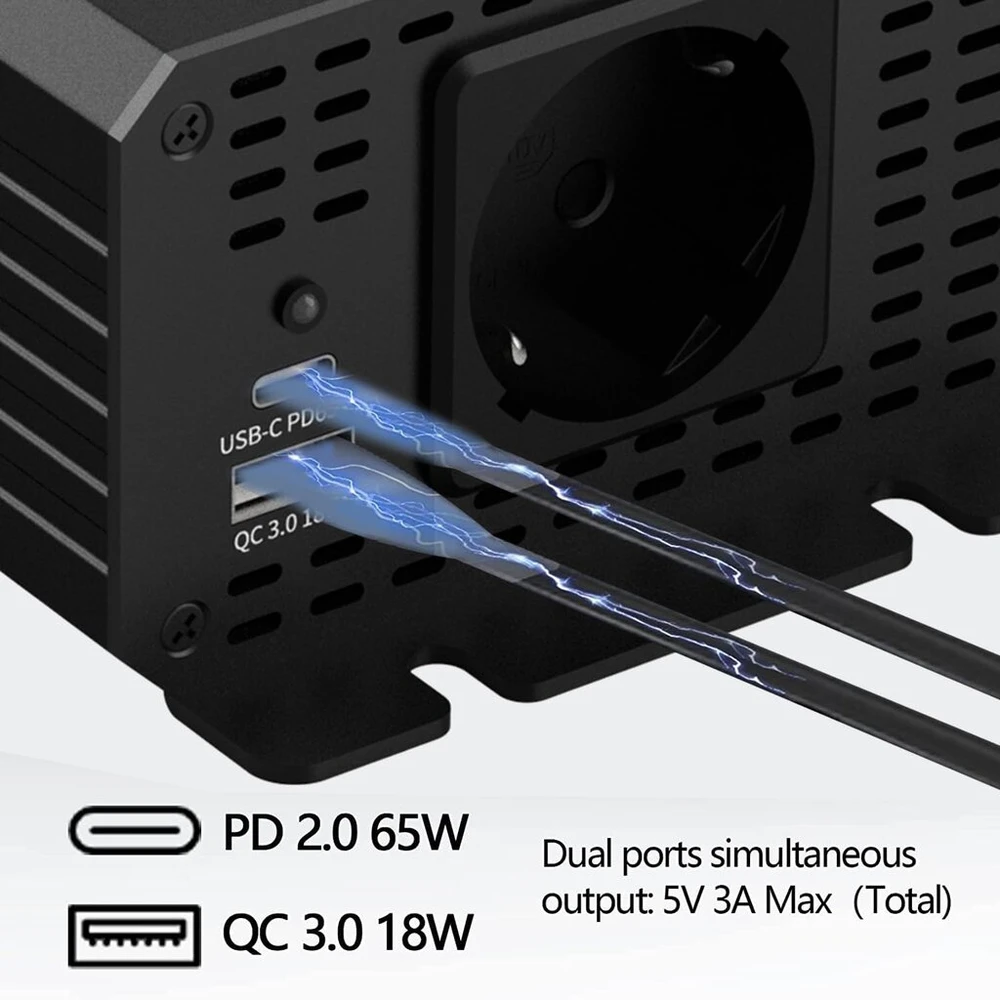500 W inverteris 12 V į 230 V grynos sinusinės bangos įtampos keitiklis su Pd 65 W ir Qc 3.0 Usb prievadais