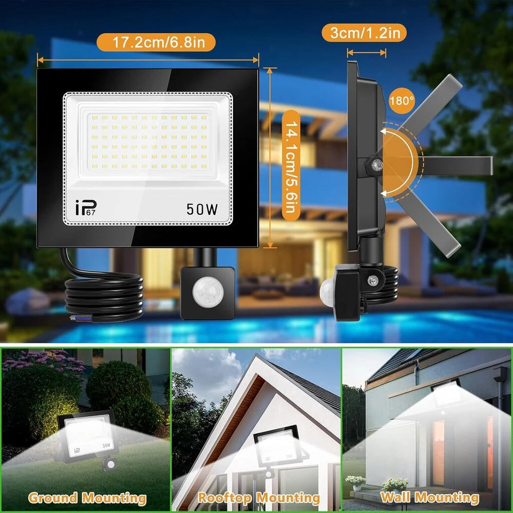 50w Led prožektorius su judesio davikliu lauke, 5000lm 7000k itin ryškus prožektorius, Ip67 vandeniui atsparus priekinis žibintas su nuotoliniu valdymu, šaltai baltas lauko prožektorius sodui, garažui, sporto aikštelei, kiemui