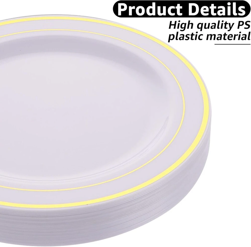 5five Simply Smart 50 vnt. baltų plastikinių lėkščių su auksiniu apvadu, 19 cm