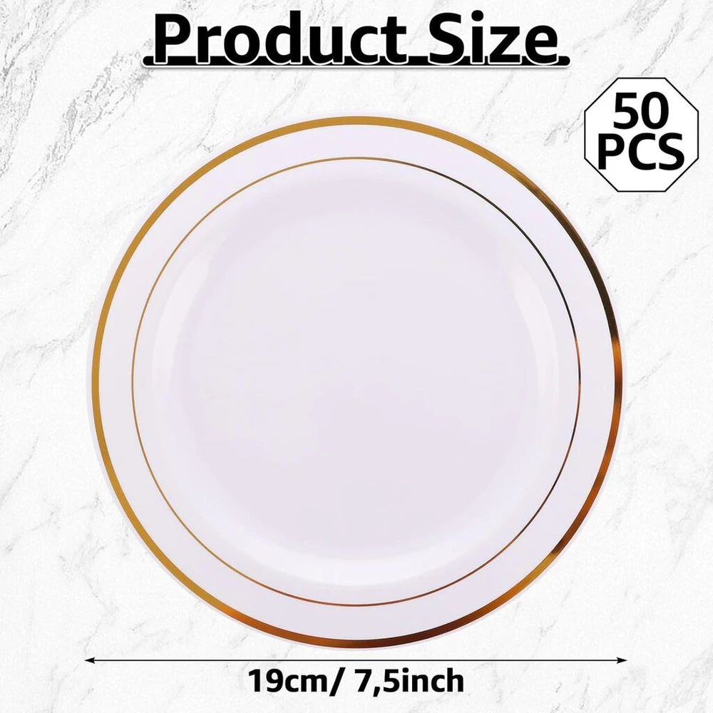 5five Simply Smart 50 vnt. baltų plastikinių lėkščių su auksiniu apvadu, 19 cm