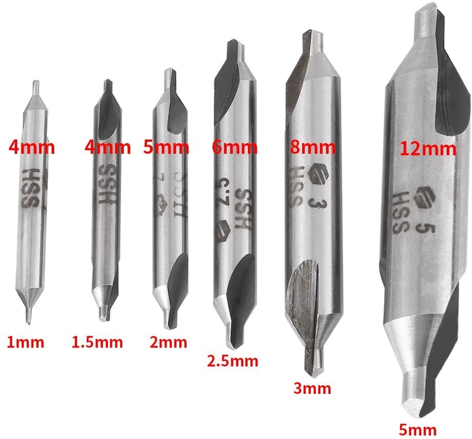 6 dalių 60 laipsnių Hss centravimo grąžtų rinkinys, įgilinimo grąžto įrankis 1 / 1,5 / 2 / 2,5 / 3 / 5 mm skersmens