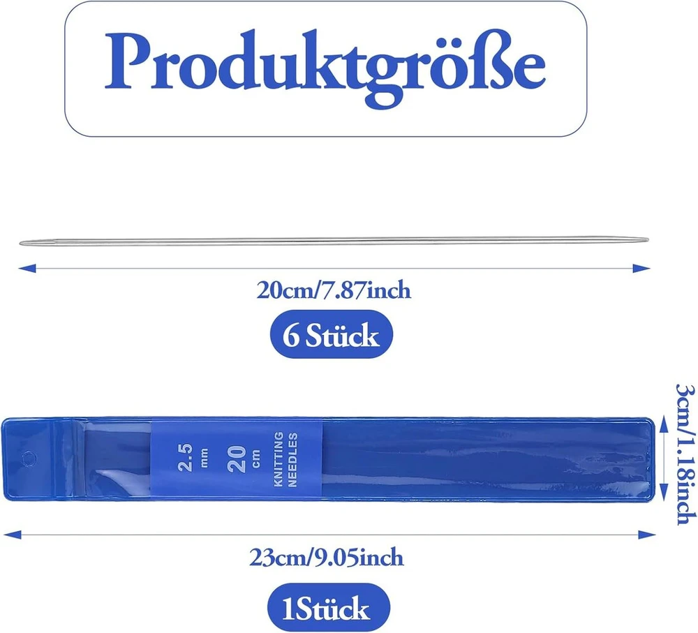6 mezgimo virbalų rinkinys 2,5 mm nerūdijančio plieno mezgimo virbalų rinkinys kojinėms, kepurėms, pirštinėms, šalikams, naminių gyvūnėlių megztiniams, dvigubo galo mezgimo virbalai, pradedantiesiems, glotnūs, tvirti ir patvarūs