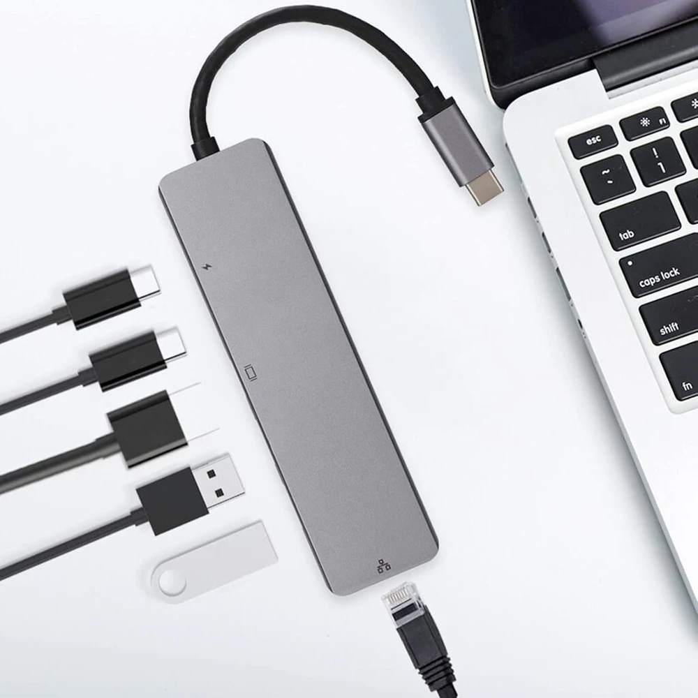 6 viename usb-c šakotuvas į 4k 30hz usb-c daugiafunkcinę doką 4k hd multimedijos sąsaja su 100 gb ethernet pd įkrovimo prievadais 2 usb 3.0 usb-c šakotuvai