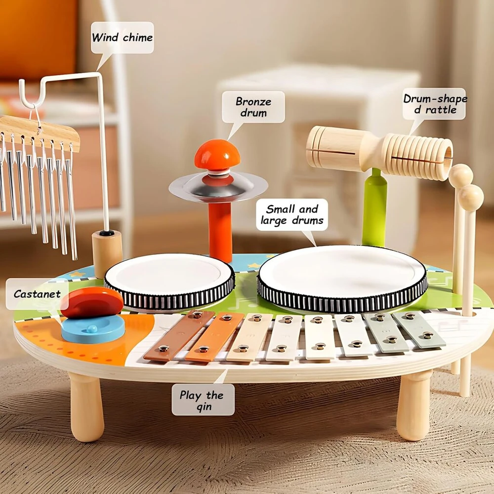 6 viename vaikiškas būgnų rinkinys, medinis būgnų rinkinys, muzikinis staliukas su ksilofonu ir vėjo varpeliais, montessori mušamųjų instrumentų žaislas kūdikiams nuo 1 metų, dovana, b