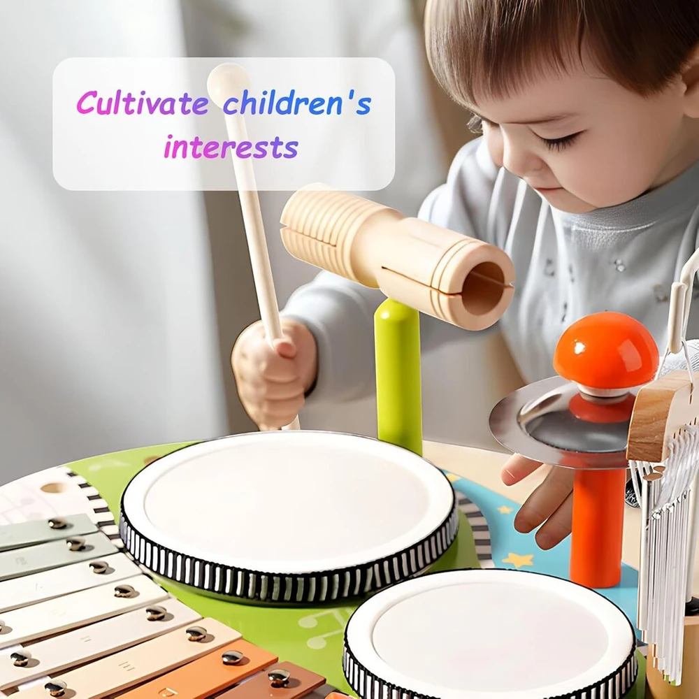 6 viename vaikiškas būgnų rinkinys, medinis būgnų rinkinys, muzikinis staliukas su ksilofonu ir vėjo varpeliais, montessori mušamųjų instrumentų žaislas kūdikiams nuo 1 metų, dovana, b