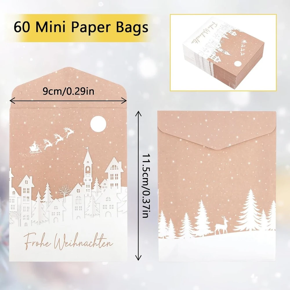 60 mažų kalėdinių dovanų maišelių rinkinys, 9 x 11,5 cm popieriniai maišeliai, mini kraft popieriniai maišeliai, kalėdiniai maišeliai kalėdų vakarėliui, pasidaryk pats