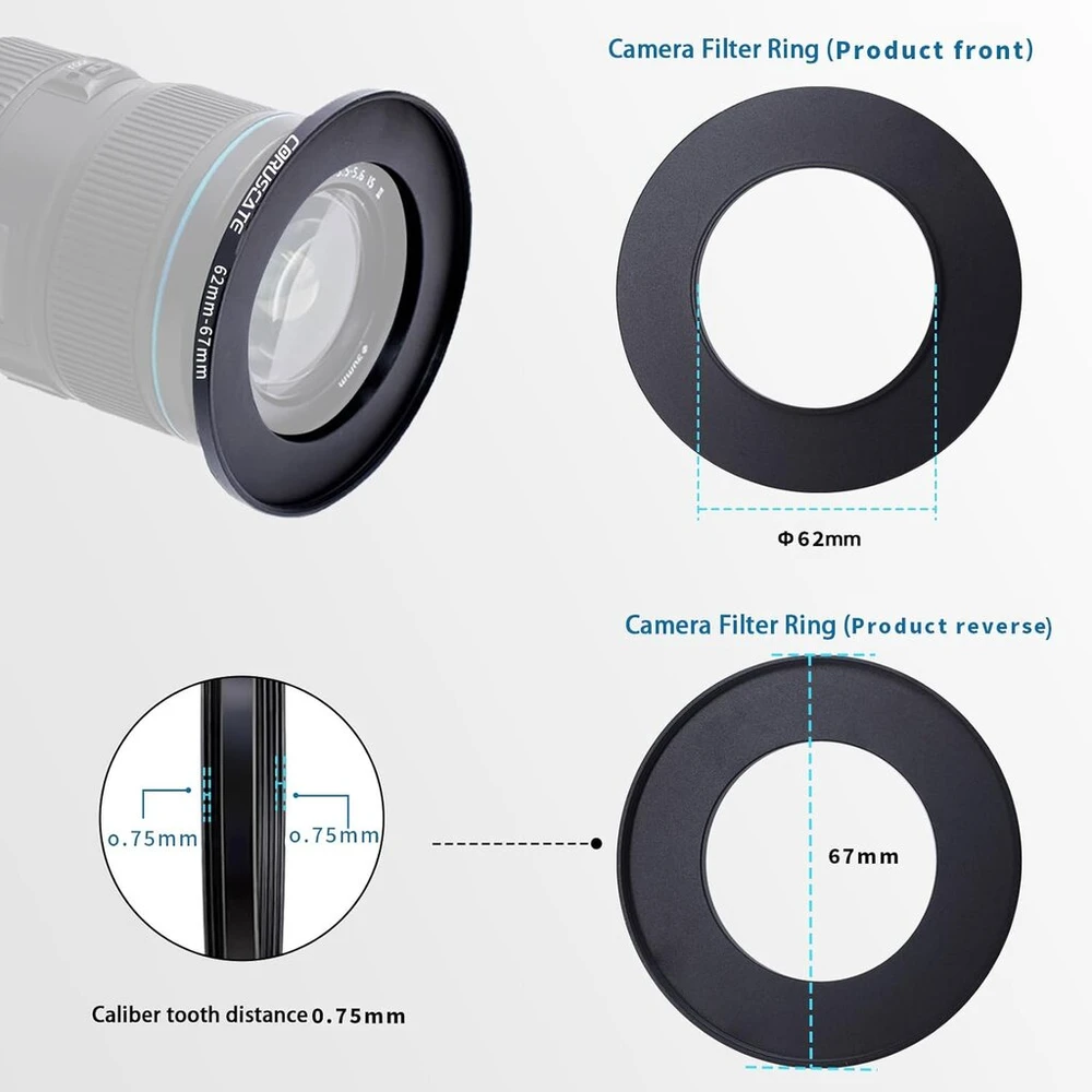 62 mm į 67 mm objektyvo adapterio žiedas, step-up žiedinis filtro adapteris, suderinamas su visais 62 mm objektyvais su 67 mm uv nd cpl filtru + 1 x objektyvo valymo šluostė