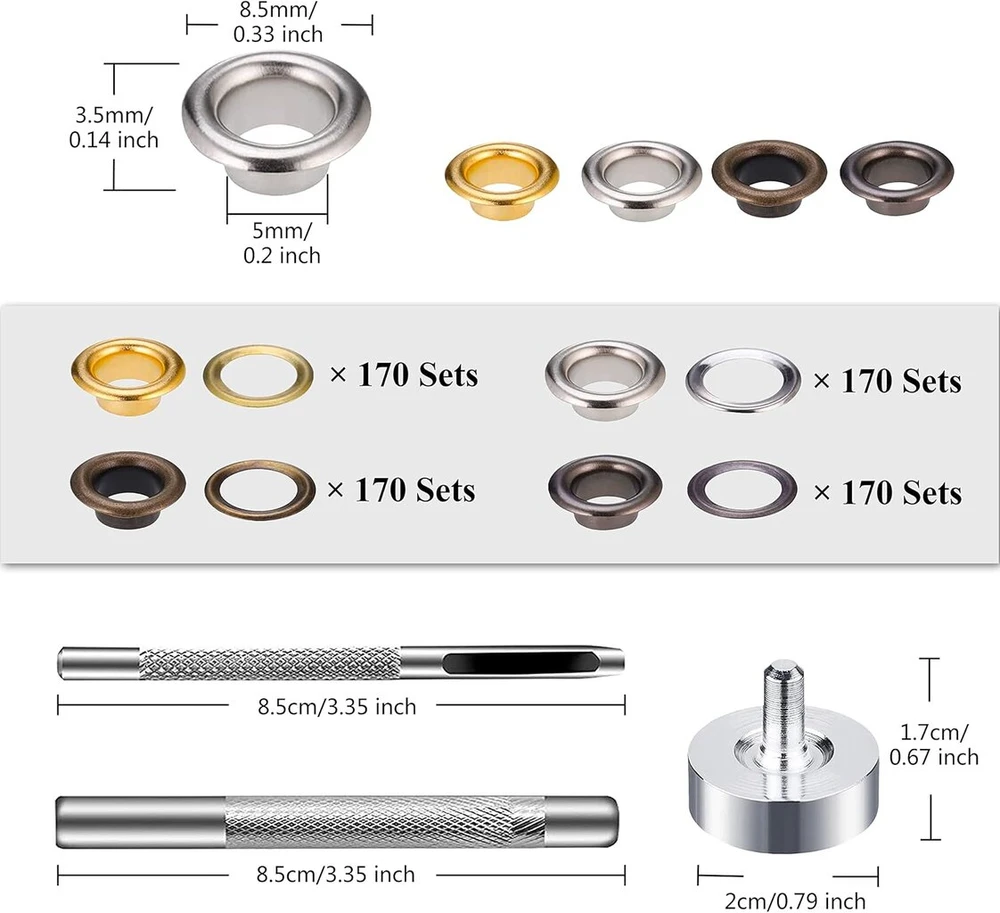 680 rinkinių įvorių įrankių rinkinys, 5 mm 4 spalvų žalvarinių įvorių rinkinys, įvorių rinkinys, metalinės įvorės su tvirtinimo įrankiu drobėms, brezentams, odai, palapinėms, tentams, „pasidaryk pats“ amatų audiniams