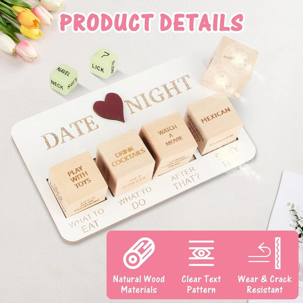 7 dalių rinkinys „date Night“ poroms, mediniai idėjų kubeliai, natūralūs romantiški kauliukai su lenta ir maišeliu Valentino dienai, jubiliejams, Kalėdoms