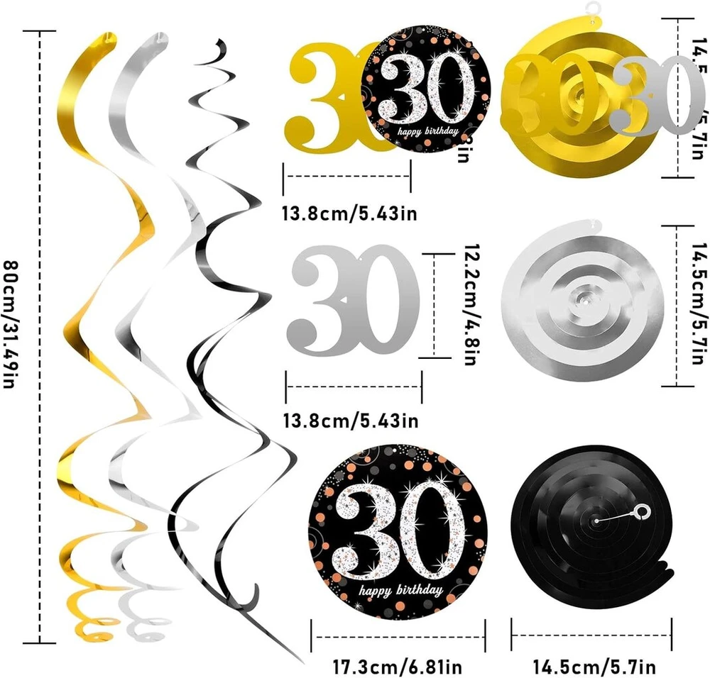 70-ojo gimtadienio dekoravimo spiralės rinkinys, sidabro, juodos ir aukso spalvos 70-ojo gimtadienio vakarėlio sūkuriai, folijos lubų pakabinamos dekoracijos moterims, vyrams, jubiliejui, vestuvių vakarėliui, 18 vienetų (70)