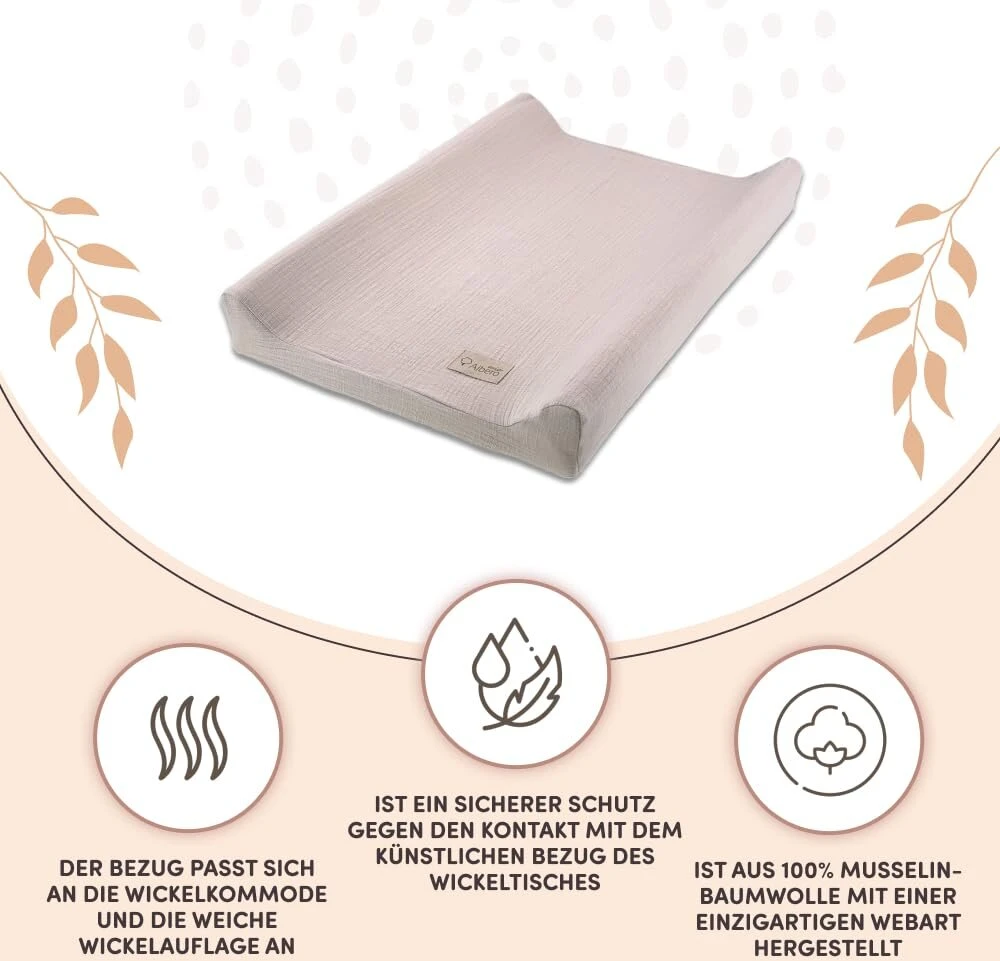 70 x 50 cm | vystymo stalo užvalkalas | minkštas ir gerai sugeriantis muslino užvalkalas | 100% medvilnė | užvalkalas su elastine juosta | boho smėlio spalvos