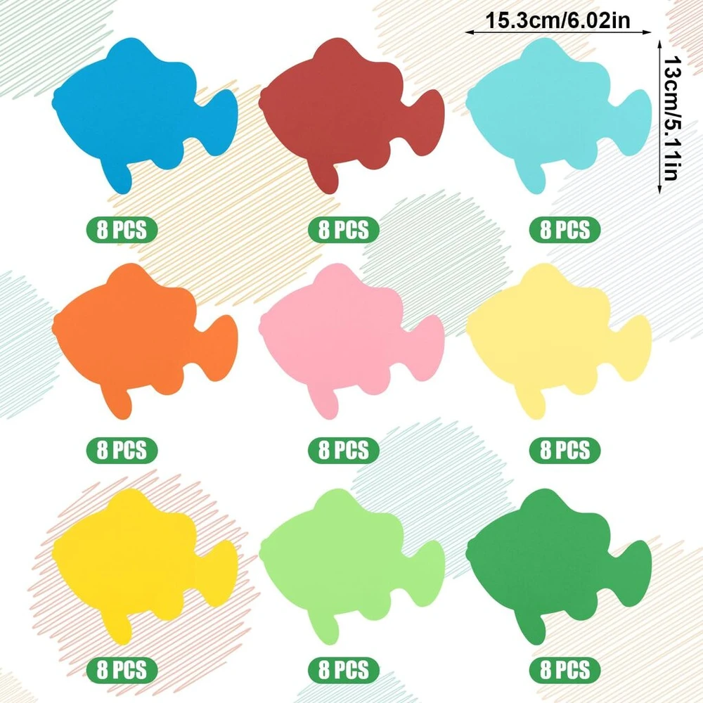 72 žuvies iškarpos, 15,3 x 13 cm, spalvingos žuvų popierinės iškarpos, jūros žuvų iškarpos, skelbimų lentos dekoracijos klasei, skelbimų lenta, popieriniai amatai mokyklai, klasei