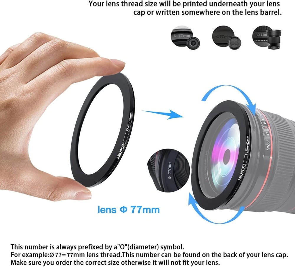 77 mm - 62 mm žiedų mažinimo filtro adapterio žiedas, 77 mm į 62 mm filtro adapterio žiedas nuo fotoaparato objektyvo su 77 mm filtro sriegiu iki 62 mm filtro žiedo