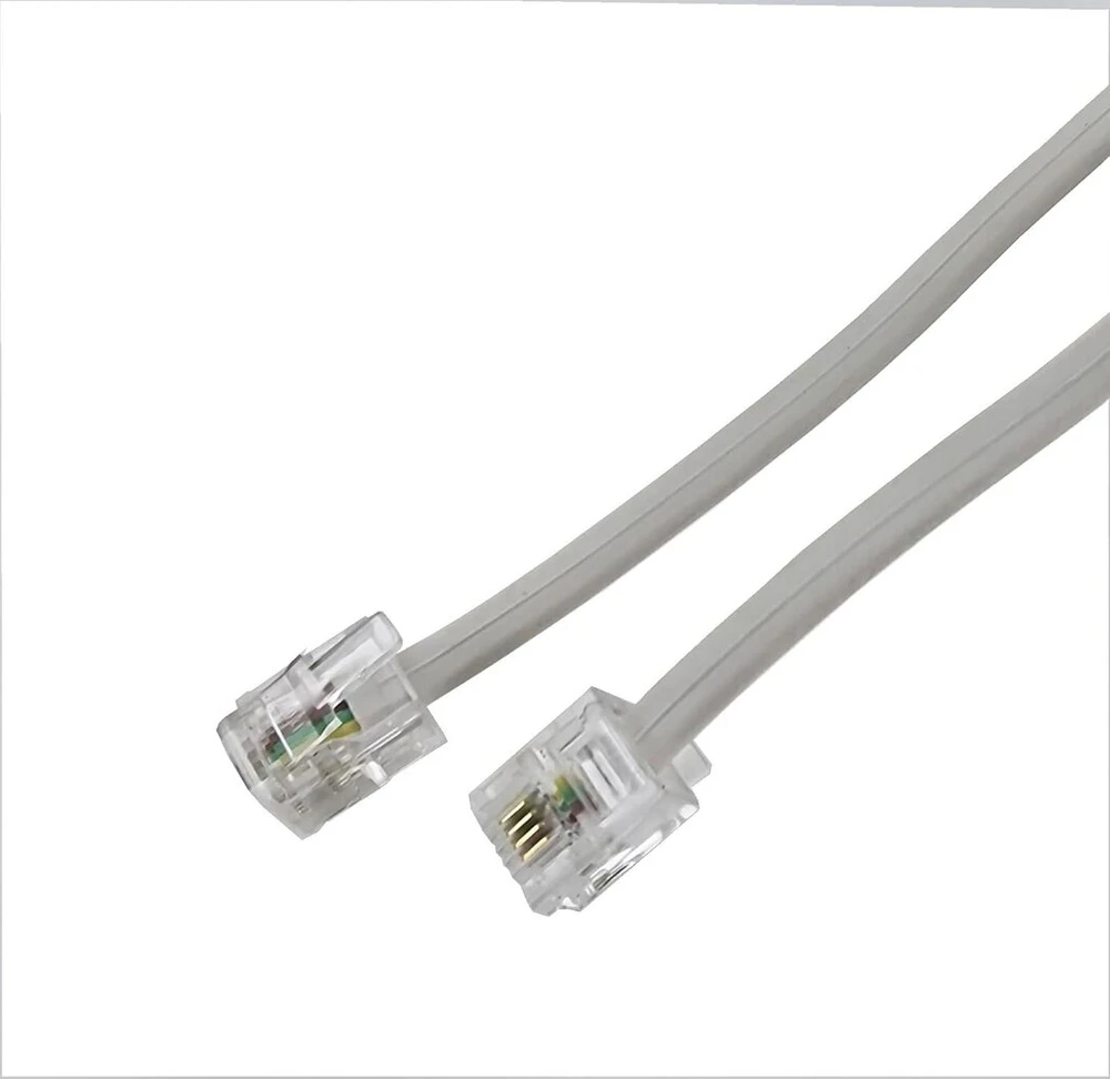 8 m ilgio rj11 kabelis, telefono kabelis, 6p4c western kabelis, rj11 į rj11 kištukas, plokščias kabelis, telefono lizdas, modemo maršrutizatorius, faksas, isdn, dsl, vdsl internetas, baltas, 8 metrai