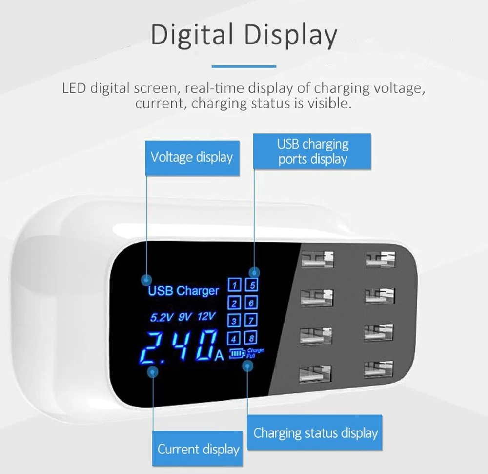8 prievadų usb įkroviklis su led ekranu, usb įkrovimo stotelė su kelioniniu adapteriu išmaniesiems telefonams, planšetiniams kompiuteriams, ausinėms (eu kištukas 100–240 v)