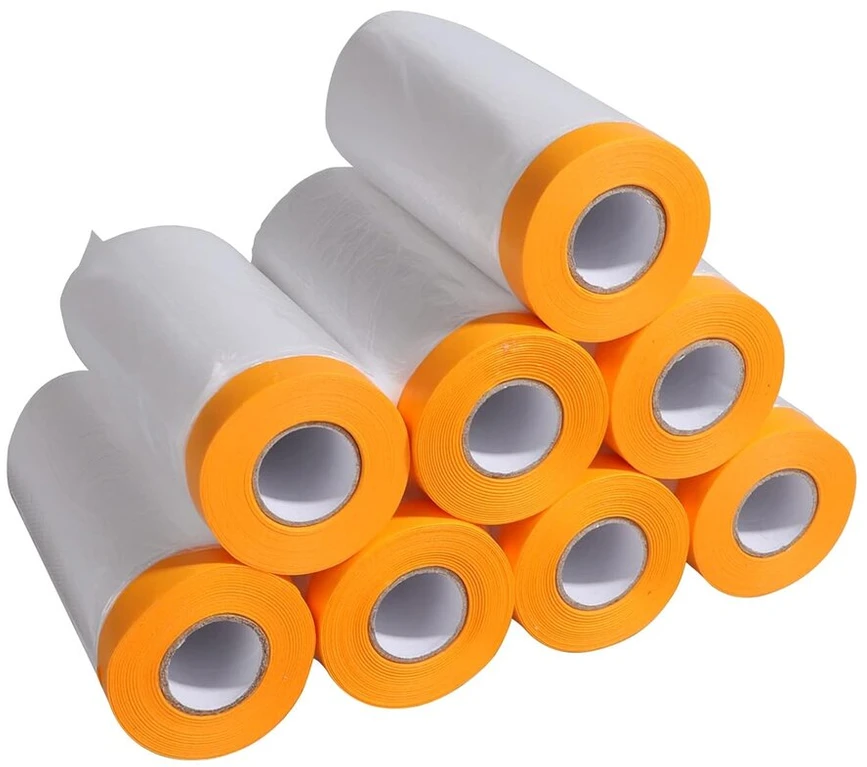 8 ritinėliai maskavimo plėvelės su lipnia juosta, 110 cm x 20 m, skaidri maskavimo plėvelė su auksine juosta, uv atspari maskavimo juosta apsaugai nuo dulkių, lipni dažytojo plėvelė vidaus ir lauko darbams