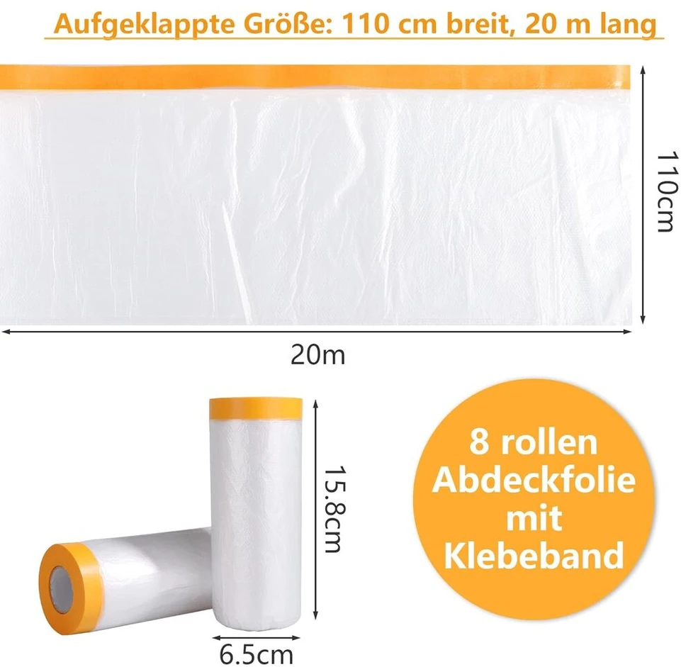 8 ritinėliai maskavimo plėvelės su lipnia juosta, 110 cm x 20 m, skaidri maskavimo plėvelė su auksine juosta, uv atspari maskavimo juosta apsaugai nuo dulkių, lipni dažytojo plėvelė vidaus ir lauko darbams