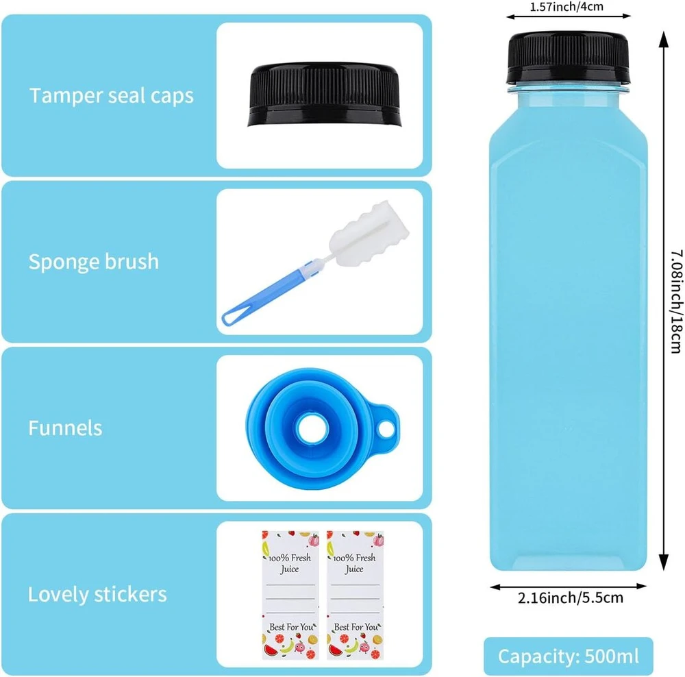 8 vnt. 400 ml talpos buteliukų rinkinys užpildymui, tušti plastikiniai buteliai užpildymui, daugkartinio naudojimo plastikiniai kokteilių sulčių buteliai skaidrūs, skirti šaldytuvui, sulčiaspaudės kokteiliams, vandeniui, pienui
