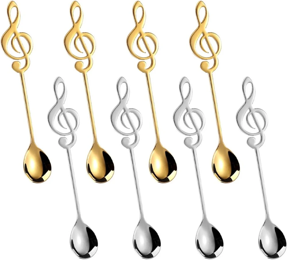 8 vnt. nerūdijančio plieno šaukšteliai su muzikos natų dizainu