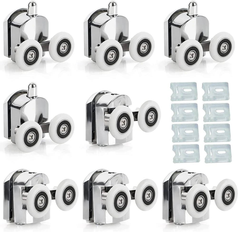 8 x chromuoti dušo voleliai / bėgeliai / ratukai, pakaitiniai voleliai 23 mm (8 dvigubi voleliai 23 mm)