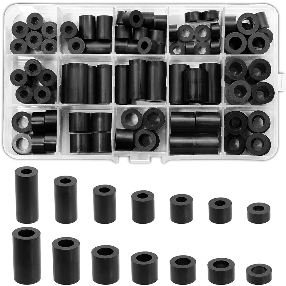 81 apvalaus tarpiklio pakuotė, plastikinės abs poveržlės, m6/m8 apvalūs tarpiklių įvorės, juodos nailono tarpiklių įvorės, skirtos elektriniams varžtams, jungikliams ir lizdams