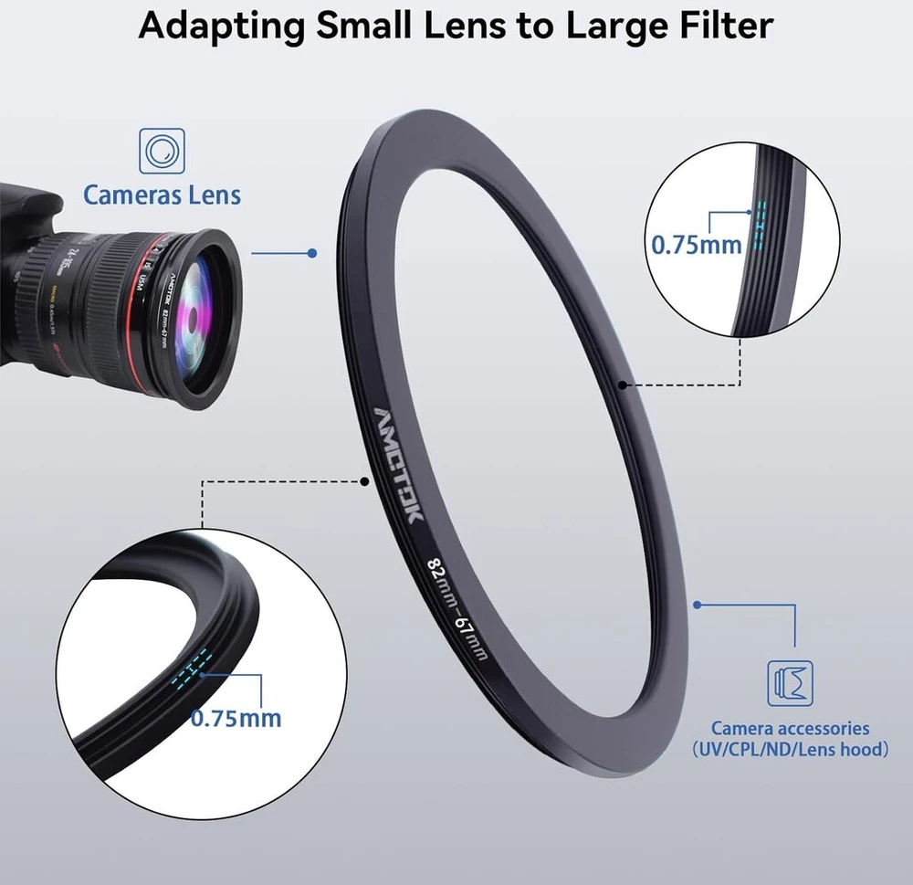 82 mm į 67 mm žiedinis adapteris, skirtas filtro žiedui mažinti, objektyvo adapteris, suderinamas su 82 mm objektyvu ir 67 mm kameros priedais