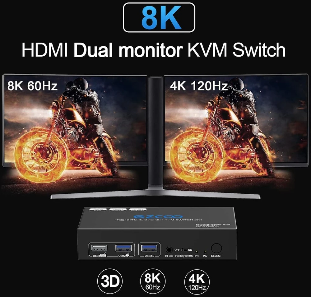 8k Hdmi 2.1 Kvm jungiklis, 2 monitoriai, Usb 3.0, 2 prievadai