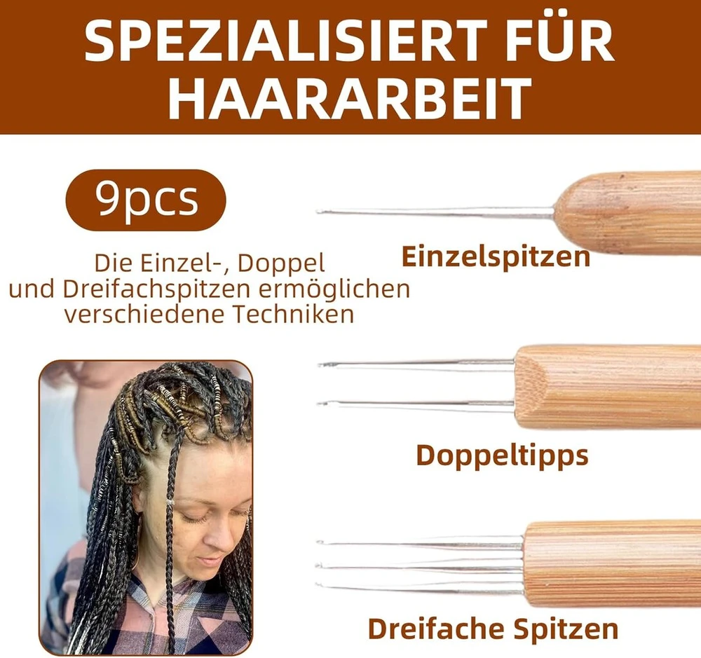 9 dalių vąšelių rinkinys dredams, 0,5/0,75/1 mm vąšeliai dredams, nėrimo vąšelių rinkinys su bambukinėmis rankenomis, idealiai tinka dredams, kasoms, perukams ir kt., vąšelis plaukams (vienas, dvigubas)