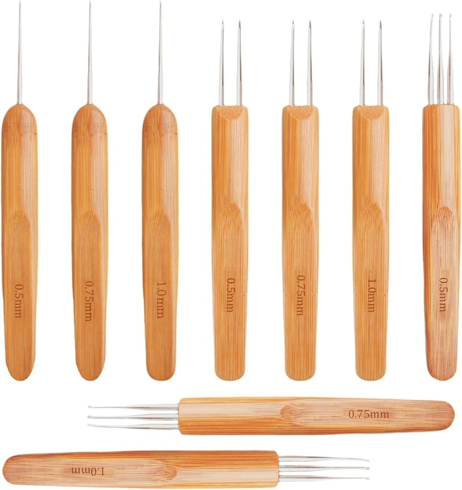 9 dalių vąšelių rinkinys dredams, 0,5/0,75/1 mm vąšeliai dredams, nėrimo vąšelių rinkinys su bambukinėmis rankenomis, idealiai tinka dredams, kasoms, perukams ir kt., vąšelis plaukams (vienas, dvigubas)