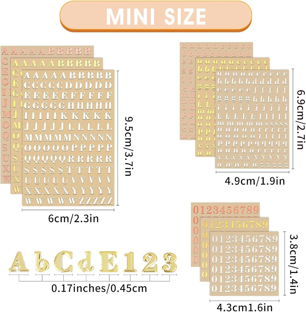 9 lapai lipdukų raidžių lipdukų, lipnios numerių lipdukai, 4,5 mm metaliniai lipdukai, maži mini lipdukai, rožinio aukso ir sidabro numerių lipdukai albumams, "pasidaryk pats" amatams (didžiosios ir mažosios raidės)