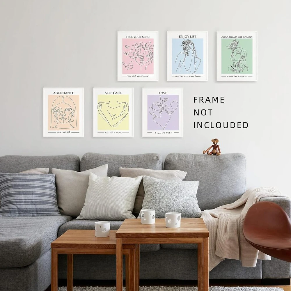 A Art·zone mielas kambario dekoras, estetiniai pasteliniai plakatai, sienų menas moterims, estetiškas kambario plakatas 20 x 25 cm drobės atspaudai be rėmo, 6 sienų koliažų rinkinys