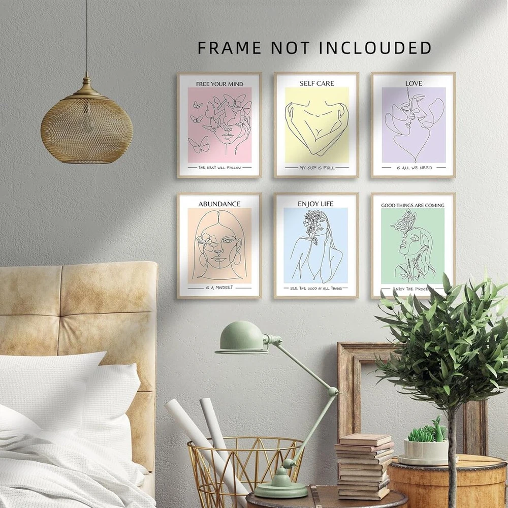 A Art·zone mielas kambario dekoras, estetiniai pasteliniai plakatai, sienų menas moterims, estetiškas kambario plakatas 20 x 25 cm drobės atspaudai be rėmo, 6 sienų koliažų rinkinys