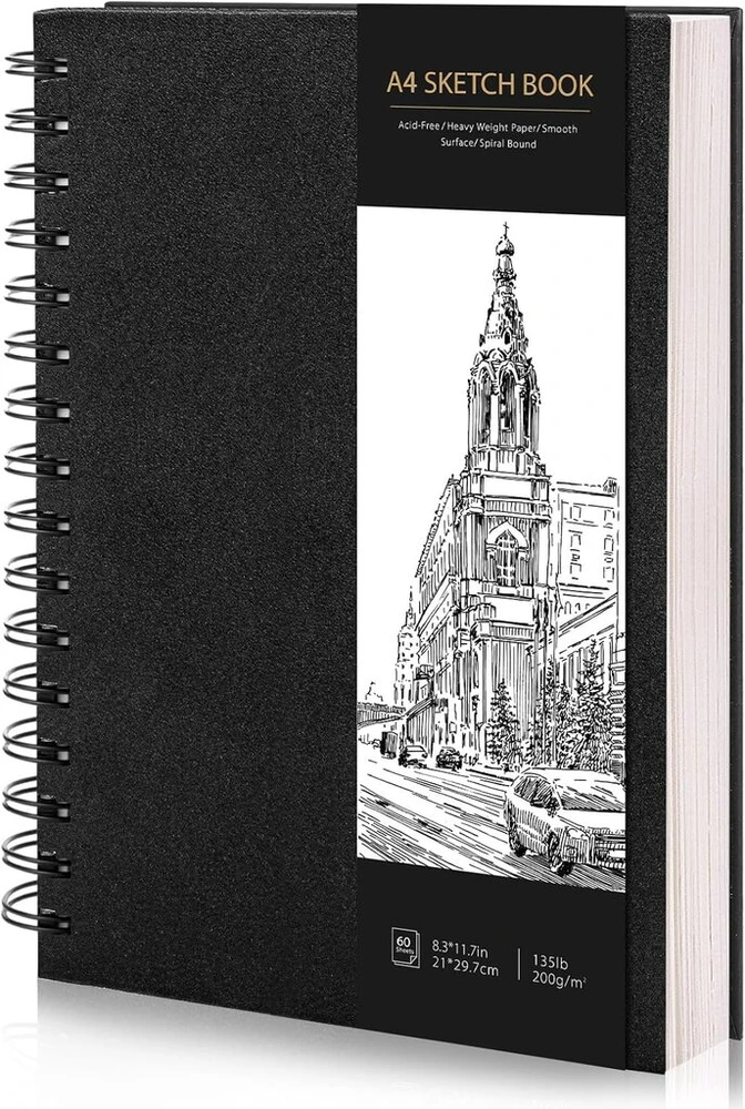 A4 formato eskizų knyga, piešimo bloknotas, eskizų popierius piešimui, spalvinimo bloknotas, 200 g/m² storio popierius, spiralinis įrišimas menininkams, vaikams, studentams (60 lapų/120 puslapių)