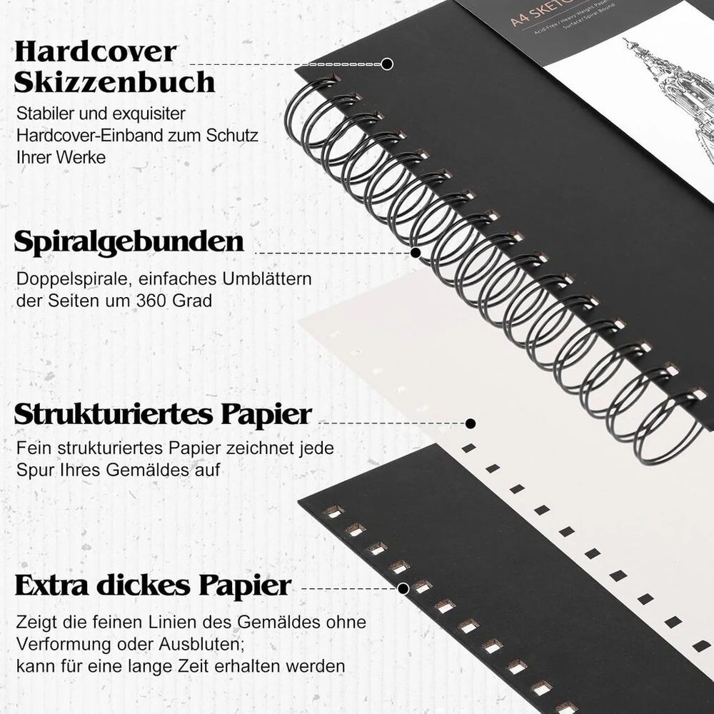 A4 formato eskizų knyga, piešimo bloknotas, eskizų popierius piešimui, spalvinimo bloknotas, 200 g/m² storio popierius, spiralinis įrišimas menininkams, vaikams, studentams (60 lapų/120 puslapių)