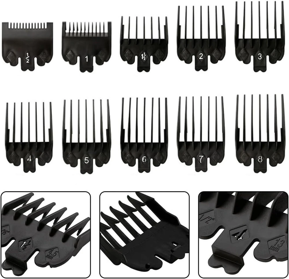 Aaed 10 dalių plaukų kirpimo mašinėlės kreipiamųjų šukų rinkinys, trimerio priedai, šukos plaukų kirpimo mašinėlei, magic clip trimeris, skustuvas, veido plaukų trimeris, barzdos trimeris, priedų šukų rinkinys